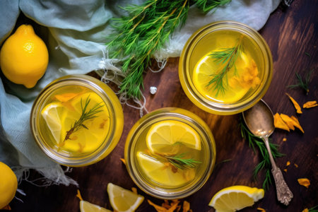 top view of limoncello with lemon zest garnish, created with generative aiの素材