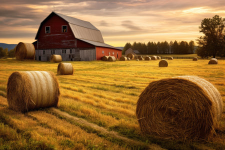 hay bale maze with a rustic barn in background, created with generative aiの素材