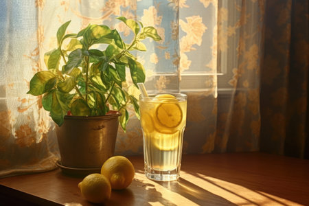 sunlight shining through a glass of lemonade, created with generative aiの素材