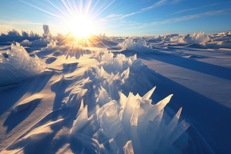sunlit ice crystals on arctic snow surface, created with generative aiの素材