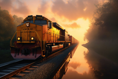 railway freight train transporting goods, created with generative aiの素材