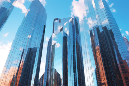 modern glass skyscraper facades in urban skyline, created with generative aiの素材