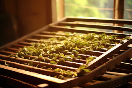 tea leaves in a wooden drying rack, natural lighting, created with generative aiの素材