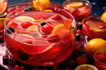 close-up of refreshing fruit punch with floating fruit slices, created with generative aiの素材