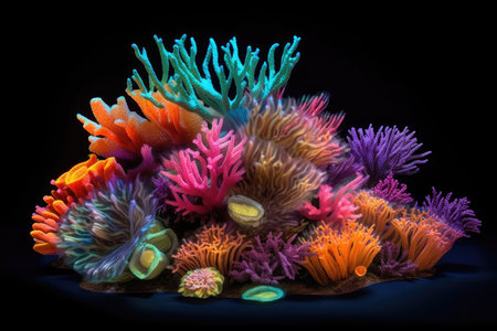 colorful bioluminescent corals illuminating the ocean floor, created with generative aiの素材