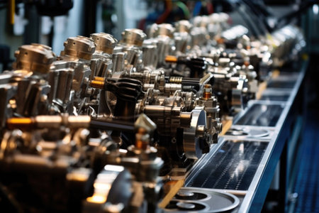 close-up of sports car engine assembly line, created with generative aiの素材