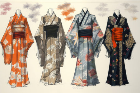 traditional kimono pattern design sketches, created with generative aiの素材