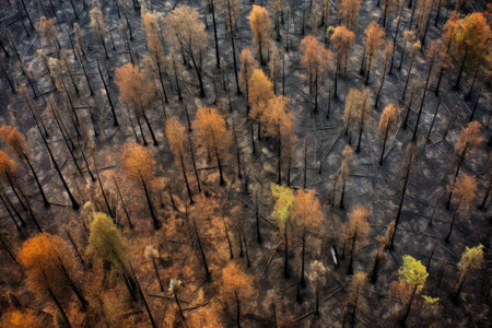 aerial view of regrowth patterns in burned forest, created with generative aiの素材