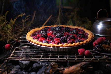 golden-brown forest berry pie cooling on a rack, created with generative aiの素材