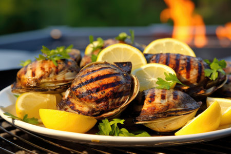 grilled quahogs on a plate with lemon slices, created with generative aiの素材