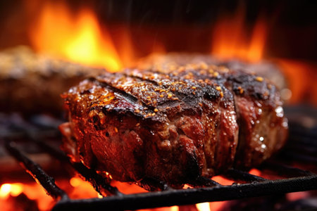 close-up of steak sizzling on hot bbq grill, created with generative aiの素材
