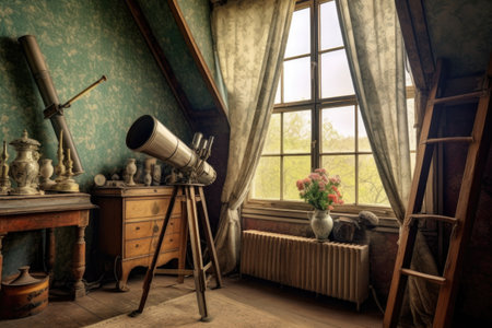 vintage telescope pointing towards an attic window, created with generative aiの素材