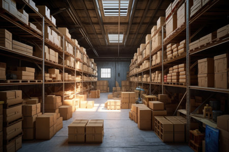 modern warehouse interior with shelves and boxes, created with generative aiの素材