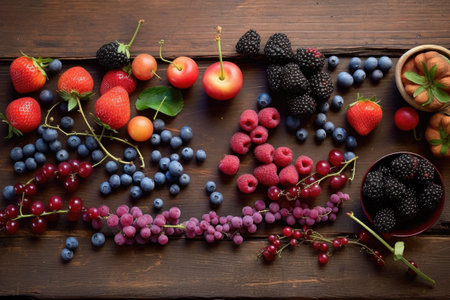 overhead view of various berries on wooden table, created with generative aiの素材