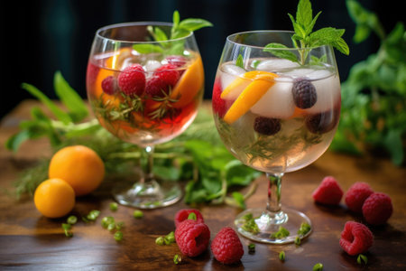 gin cocktails with fresh fruit and herbs, created with generative aiの素材