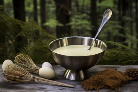whisk and bowl with eggnog mix surrounded by nature, created with generative aiの素材