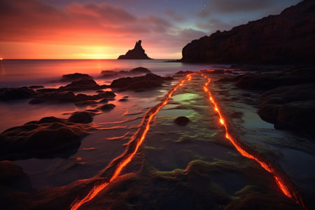 long exposure of lavas fiery path to the ocean, created with generative aiの素材