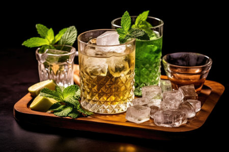 ice cubes, sugar, and rum arranged for mojito preparation, created with generative aiの素材