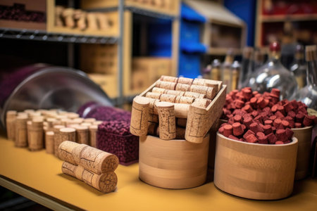 finished wine corks in storage boxes at factory, created with generative aiの素材