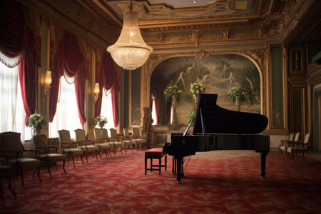 grand piano in corner of opulent ballroom, created with generative aiの素材