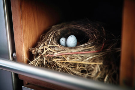 close-up of bird nest inside an open mailbox, created with generative aiの素材