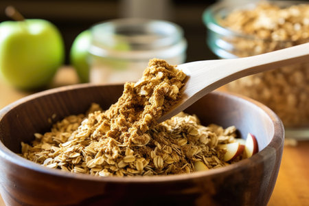 wooden spoon stirring apple crisp mixture, created with generative aiの素材