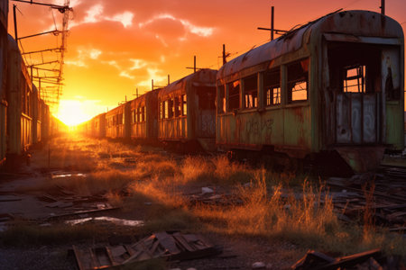 sun setting behind rows of forgotten train cars, created with generative aiの素材