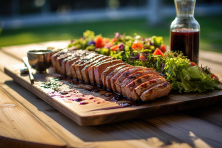 grilled tuna on cedar plank, served with salad, created with generative aiの素材