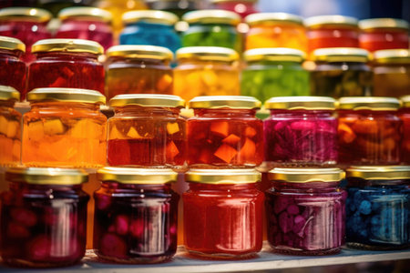 close-up of colorful fruit preserves in glass jars, created with generative aiの素材