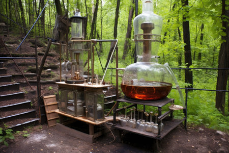 homemade brandy distillation setup outdoors, created with generative aiの素材
