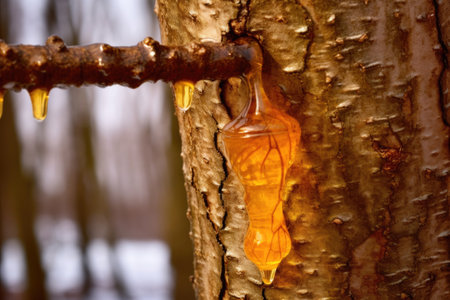 close-up of maple tree tap with dripping sap, created with generative aiの素材