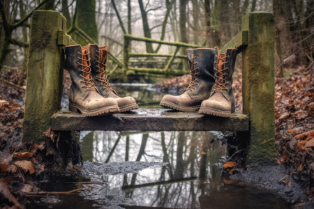 hiking boots leaving muddy footprints on a path, created with generative aiの素材
