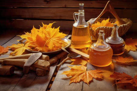 maple leaves and syrup-making tools on wooden table, created with generative aiの素材