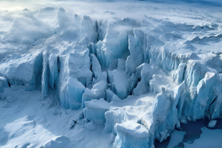 aerial view of expansive glacier with deep crevasses, created with generative aiの素材