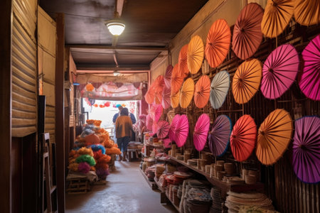 parasols displayed in a row at a traditional shop, created with generative aiの素材