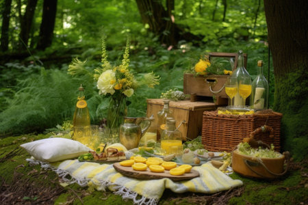 garden picnic setup featuring limoncello cocktails, created with generative aiの素材