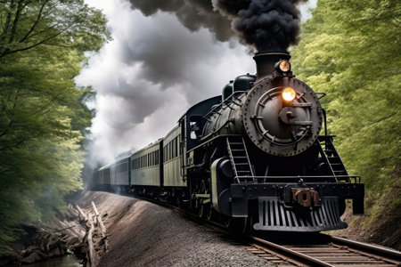 restored locomotive puffing smoke on tracks, created with generative aiの素材