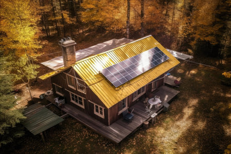 aerial view of solar panels on a cabin roof in the woods, created with generative aiの素材