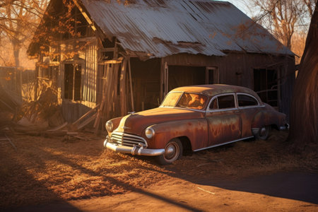 sunlight casting shadows on old car remains, created with generative aiの素材