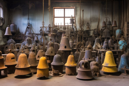 bell molds lined up ready for casting process, created with generative aiの素材