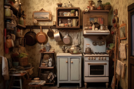 tiny kitchen with detailed appliances and utensils, created with generative aiの素材