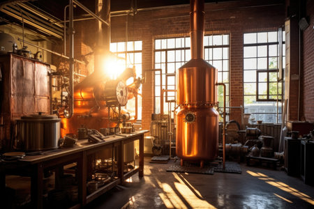 whiskey distilling process captured in sunlight, created with generative aiの素材