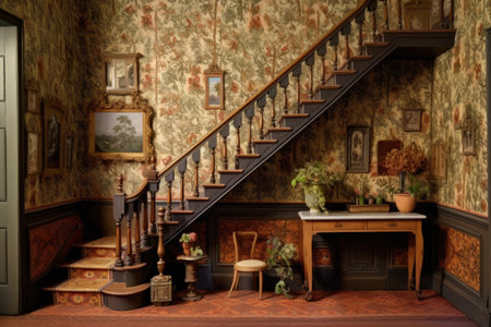intricate dollhouse staircase and detailed wallpaper, created with generative aiの素材