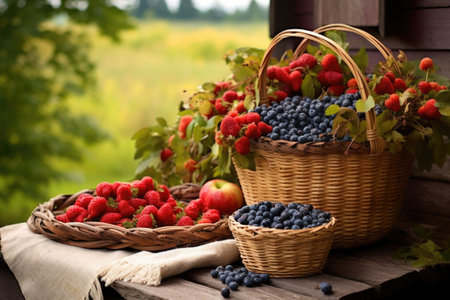 freshly picked berries in a woven basket on a picnic table, created with generative aiの素材