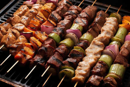 variety of marinated kebabs arranged on a grill surface, created with generative aiの素材