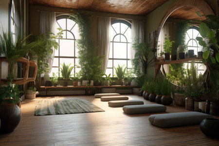 serene yoga studio with plants and calming decorations, created with generative aiの素材