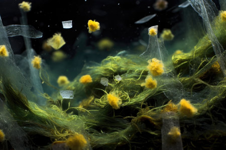 microscope view of microplastics trapped in seaweed, created with generative aiの素材