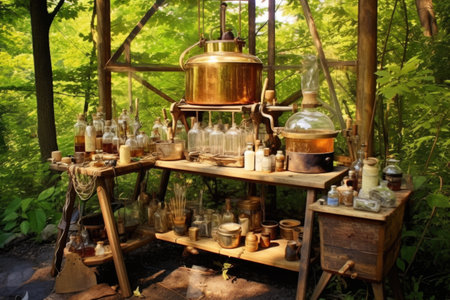 sunlit outdoor brandy-making station, created with generative aiの素材