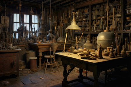 workspace with bell-making tools and equipment, created with generative aiの素材