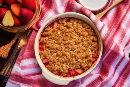 freshly baked rhubarb crisp on a colorful tablecloth, created with generative aiの素材